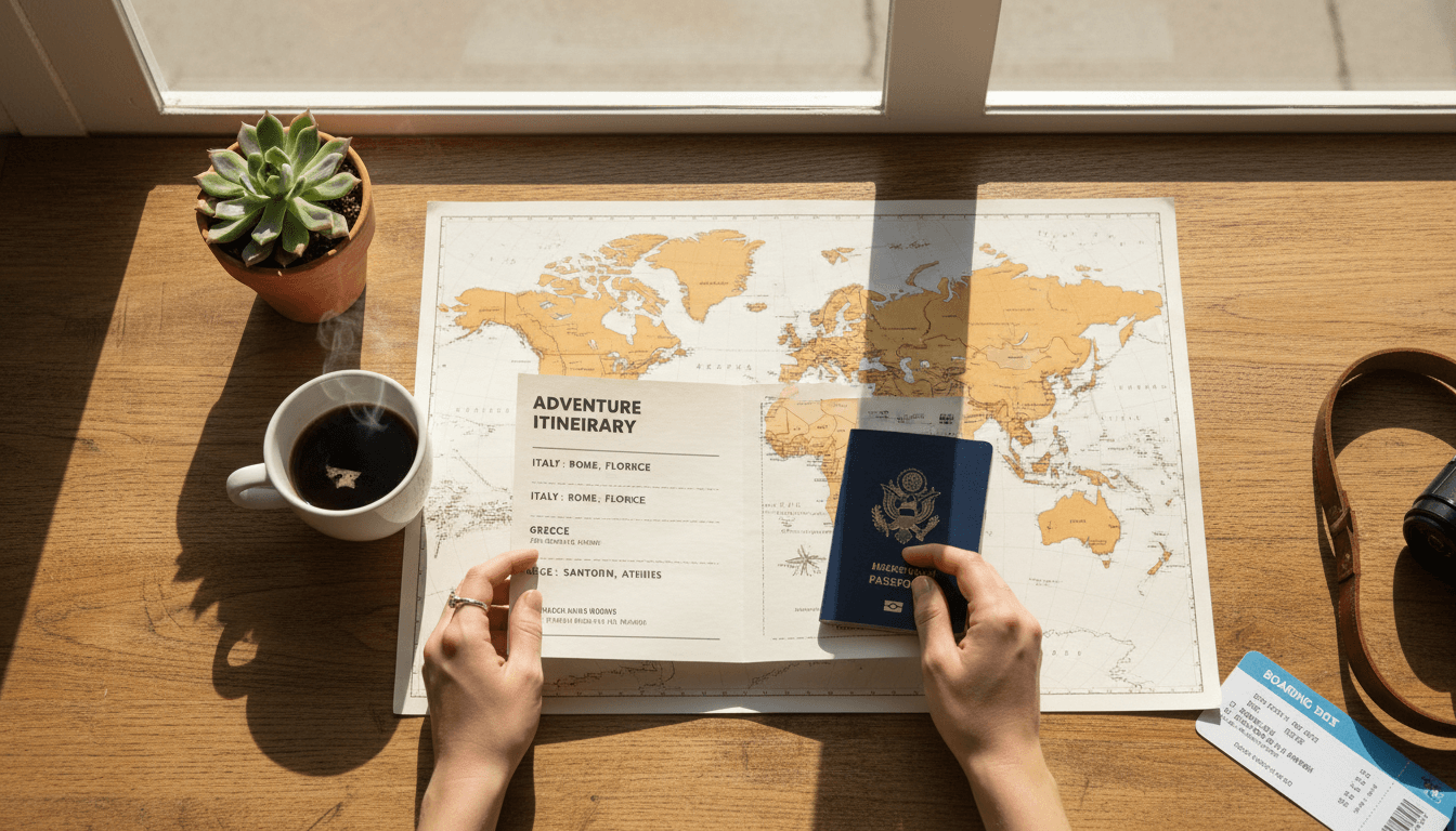 Hands reviewing a travel itinerary and passport on a sunlit café table