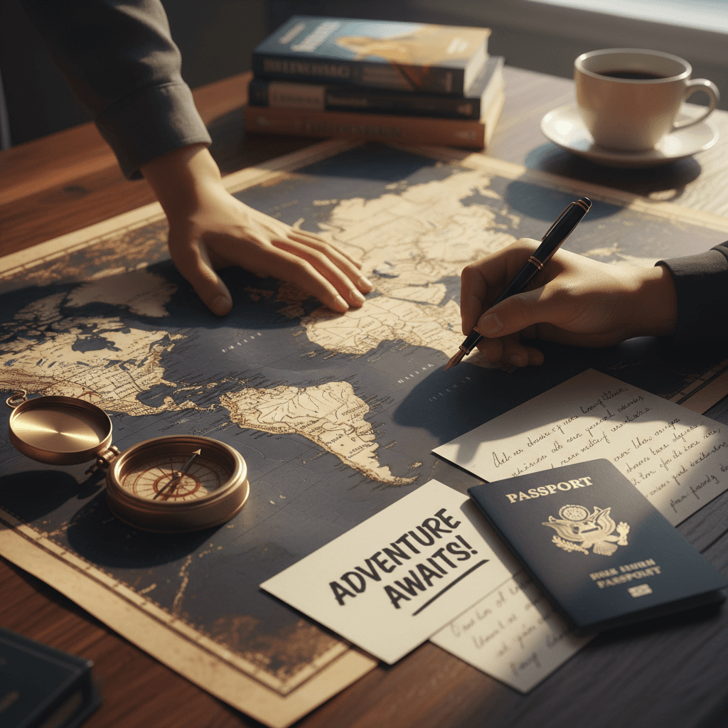 Travel planning desk with an open map, passport, and compass in warm natural light