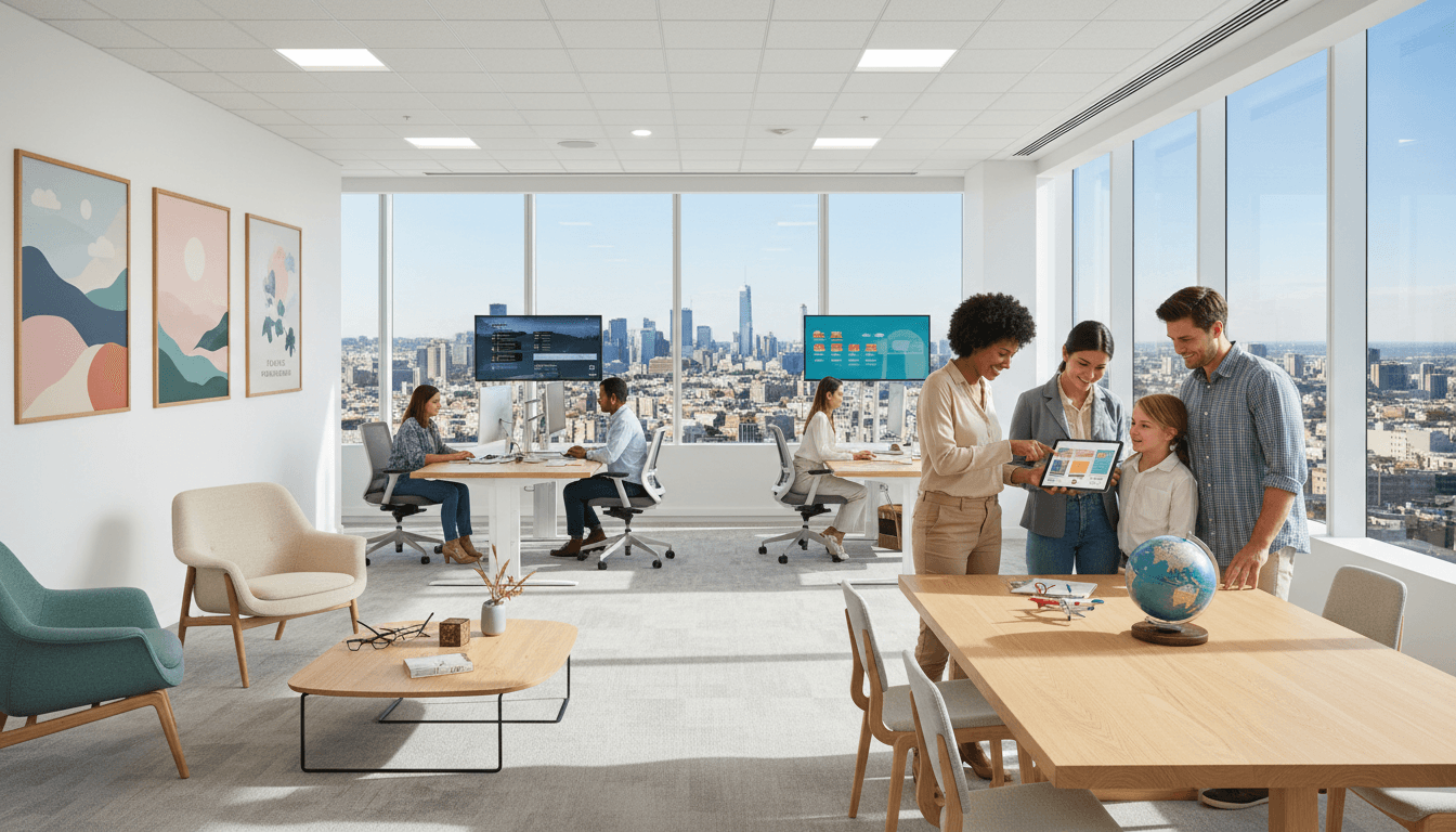 Travel agent helping a couple review their trip itinerary in a bright Toronto office