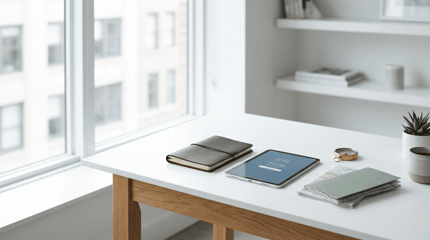 Travel planning desk with maps and brochures in a cozy Toronto office
